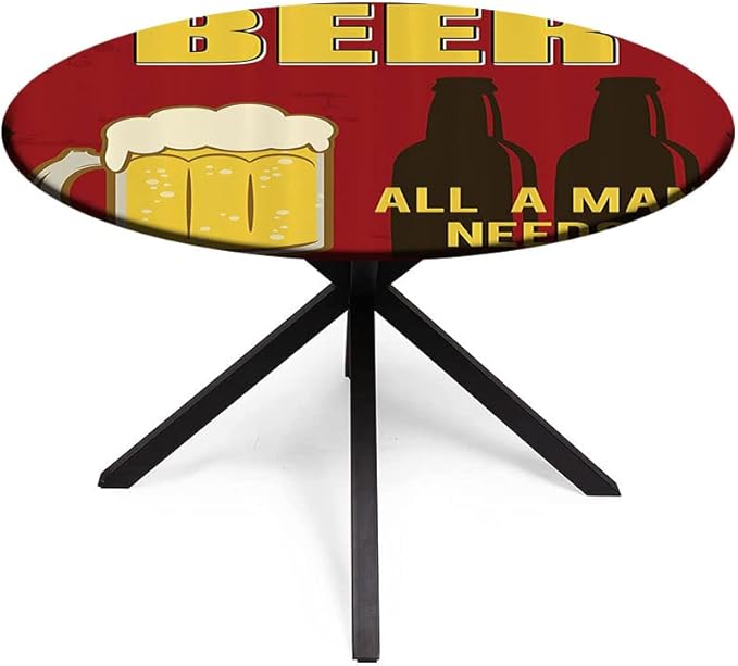 Round Edge Closing Tablecloth, Manly Decor Elastic Edged Tablecloth, Beer Mug and Two Bottles with Quotes Beer All, Fit Round Tables 39inch Diameter, Buffet Table, Parties, Holiday Dinner