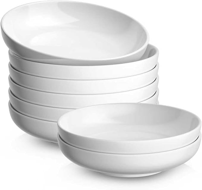 Quatish 35oz Pasta Bowls Set of 8, 8.5" Large Salad Bowls Soup Bowl for Kitchen, Microwave & Dishwasher Safe, Porcelain Wide and Shallow Serving Bowl, White Dinner Plates, Dinnerware Set, Gift