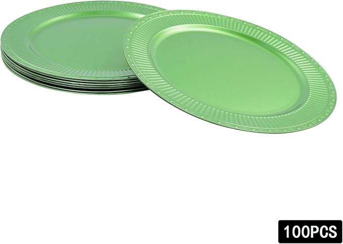 100 PCS Antique Charger Plates, Vintage Round Plastic Dinner Plates with Textured Edges, Stackable Tabletop Chargers for Weddings Parties Restaurants (Green)