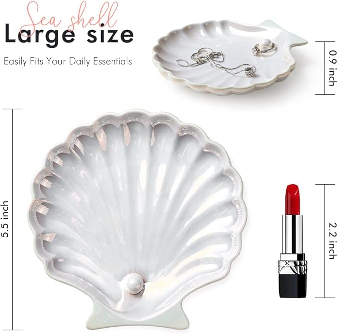 AISBUGUR Shell Ring Holder Dish, Shell Jewelry Tray, Trinket Dish, Cute Decorations for Coastal Home Decor, Bathroom Decor, 5.5", White
