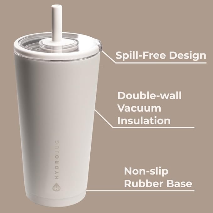 HydroJug Everyday Tumbler 20 oz – Ceramic-Lined Insulated Tumbler with Straw and Soft-Touch Lid, Cup Holder Friendly, Double-Wall Vacuum Insulation, Reusable Travel Cup – Linen