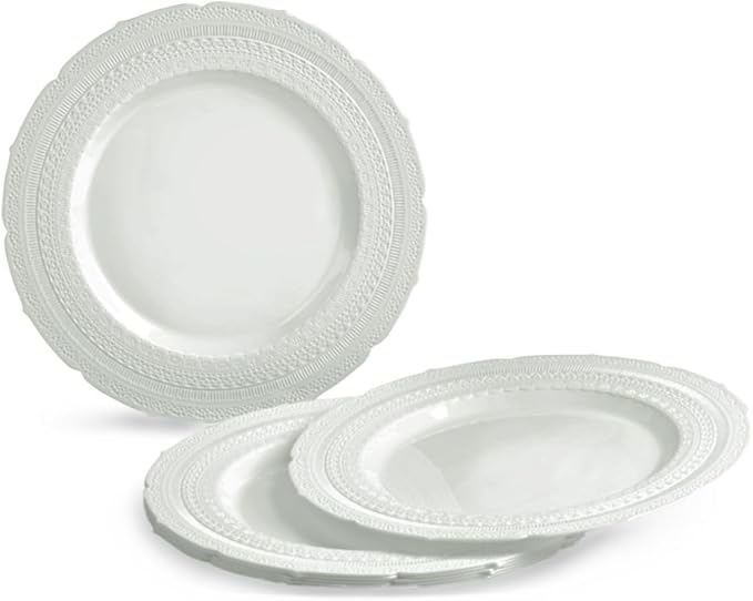 " OCCASIONS " 150pcs set (25 Guests)-Extra Heavyweight Vintage Wedding Disposable/Reusable Plastic Plates -25 x 11'' + 25 x 8.25'' +Silverware (Chateau Collection in Light Gray)