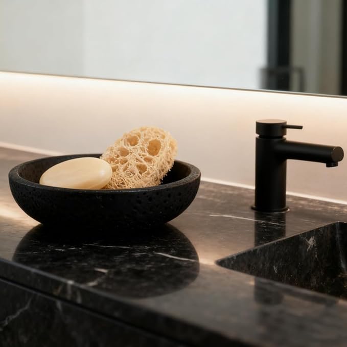 Black Travertine Bowl, 7.8" Luxurious Natural Stone Centerpiece Bowl for Modern Home Decor, Handmade Fruit Bowl, Jewelry Dish, Sophisticated Tabletop Sculpture
