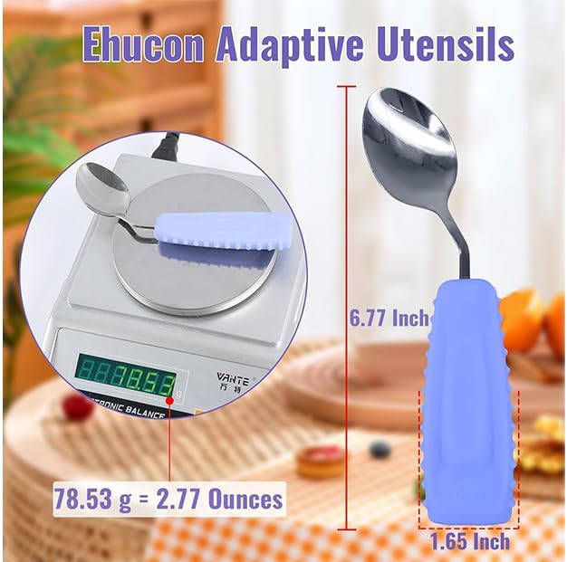 Adaptive Utensils Angled Spoon and Fork for Hand Tremors Parkinsons,Weighted Utensils with Non-Slip Easy Grip Handles for Independent Eating (1pcs Spoon+1pcs Fork=2 pcs,Purple,Right Hand)