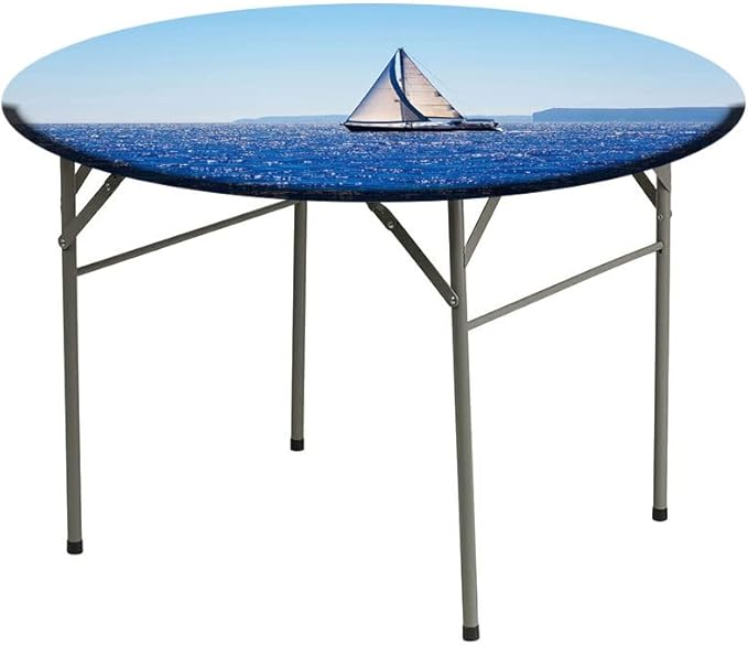 Elastic Tablecloth, Ocean Decorative Fabric Table Cover for, Blue Mediterranean Sailboat Sailing in Round Tables 35inch Diameter, for Restaurant Picnic Indoor and Outdoor Use, Blue
