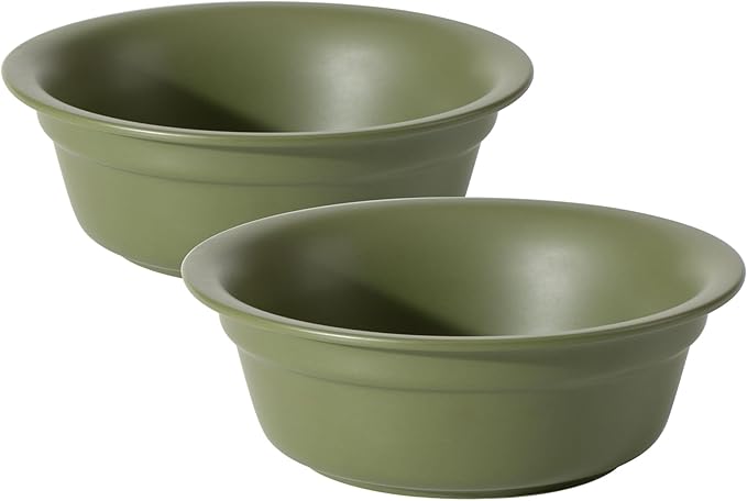 Ceramic 7.1inch Set of 2 Dog Bowls for Medium Dogs, 2pcs Basic 2.5 Cup Food or 24 oz Water Dishes for Replacement, Wide Opening Rounded Edge(2 Bowls, Olive Green)