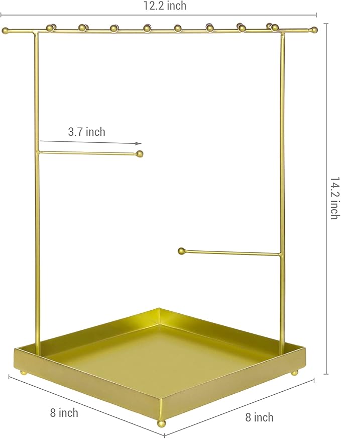 MyGift Matte Metal T Bar Jewelry Stand Organizer with Ring Tray, 3 Bracelet and Necklace Bars and 2 Earring Storage Hanger Bars for 18 pairs of Earrings (Brass)