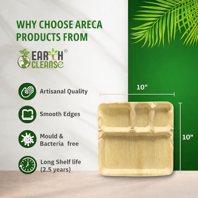 Areca Palm Leaf 10-Inch Square Compartment Plates (200 Count) – 100% Compostable, Biodegradable Like Bamboo Plates | Eco-Friendly Disposable Dinnerware | Microwave & Oven Safe