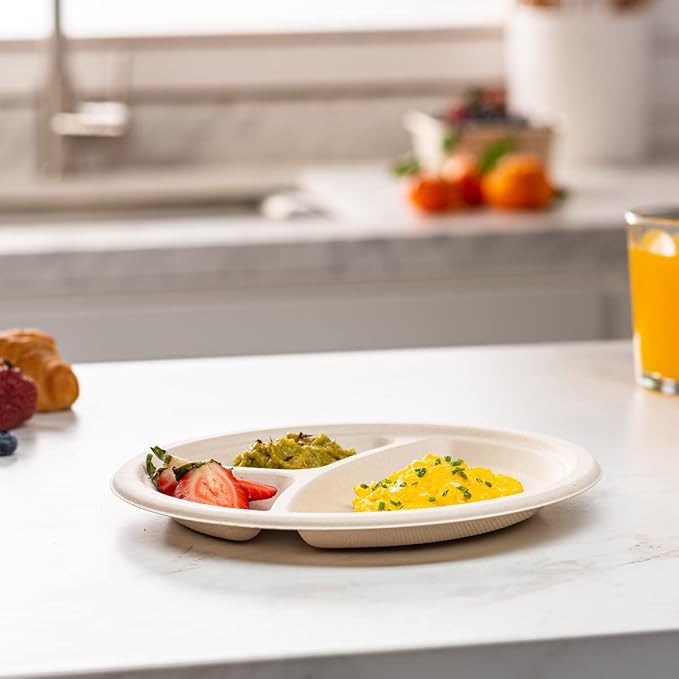 GUSTO [9 Inch - 125 Count Heavy-Duty 100% Compostable, 3 Compartment Eco-Friendly, Kraft Disposable Sugarcane Paper Plates - Brown Unbleached (Formerly Comfy Package)