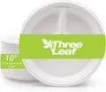 three leaf 10" 3 COMPARTMENT BAGASSE ROUND PLATE, 500 Ct. Heavy-Duty- Super Strong- Natural- Eco-Friendly Disposable Bagasse Plates, 100% Biodegradable 10 inch 3 compartment plates