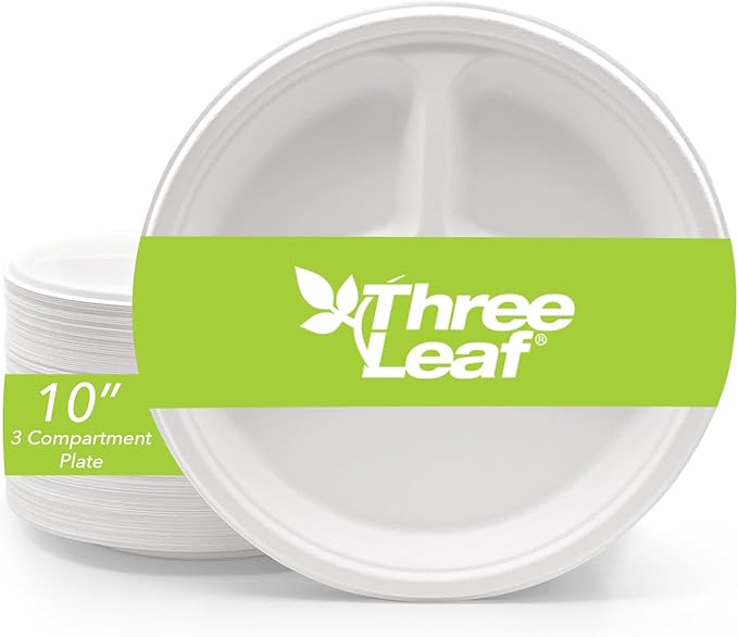 three leaf 10" 3 COMPARTMENT BAGASSE ROUND PLATE, 500 Ct. Heavy-Duty- Super Strong- Natural- Eco-Friendly Disposable Bagasse Plates, 100% Biodegradable 10 inch 3 compartment plates