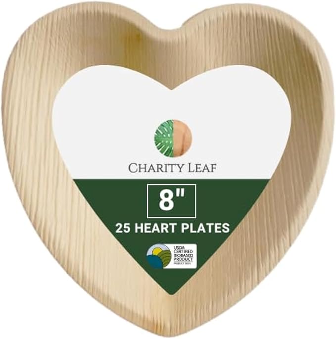Charity Leaf Disposable Palm Leaf 8" Heart Plates (25 pieces) Bamboo Like Serving Platters, Disposable Boards, Eco-Friendly Dinnerware For Weddings, Catering, Events