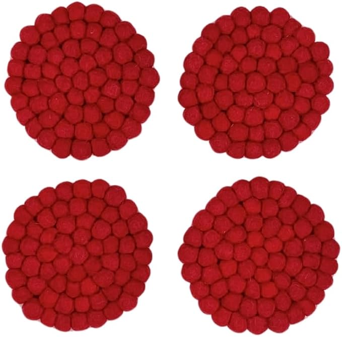 Humble Hilo Handmade Felt Coaster, 3.9 inches, Set of 4 (Red)