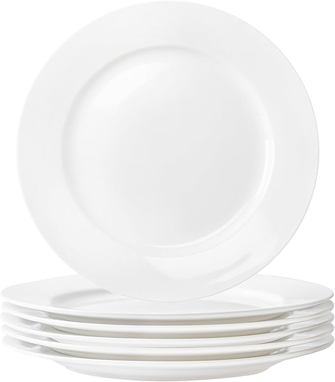 White Ceramic Dinner Plates Set of 6 – 10 Inch Porcelain Plates for Salad, Pasta & Steak, Microwave & Dishwasher Safe Dinnerware