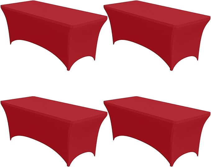 4-Pack Red Spandex Tablecloths – 72"x30"x30" Stretch Fitted Table Covers for 6ft Rectangle Folding Tables, Wrinkle-Resistant Tablecloth for Wedding, Banquet & Outdoor Events