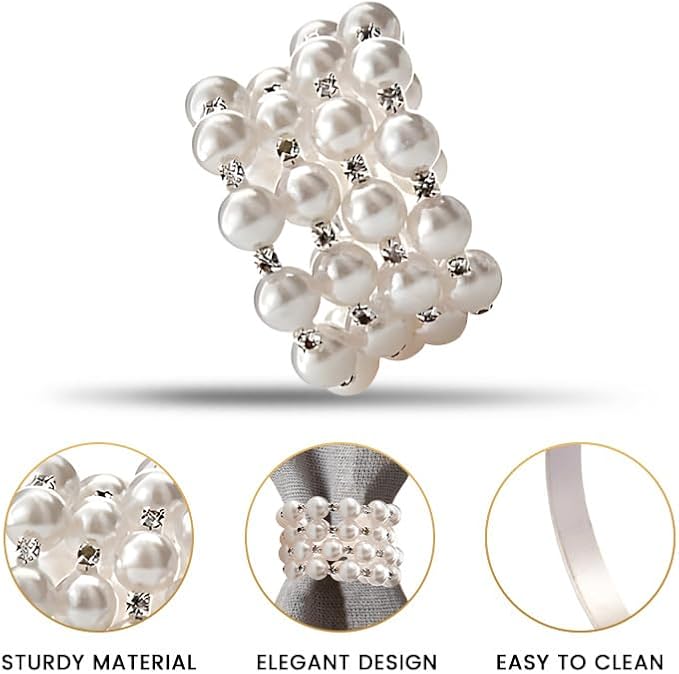 Decozen Set of 16 White Napkin Rings with Pearl Design, Festive, Table Decor Setting for Holiday, Wedding, Birthday, Kitchen, Home Decor, Housewarming Gift - Mothers Day Decorations