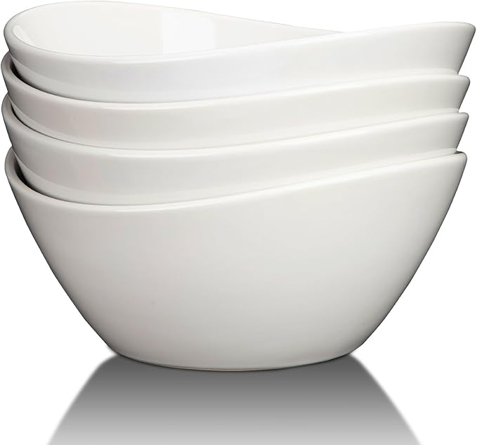 GarveeHome 8 in Ceramic Deep Soup Bowls & Salad Bowls - 42 oz Large Bowls Set of 4 for Kitchen - White Ceramic Serving Bowls for Salads, Cereal, Soup, Dishwasher & Microwave Safe