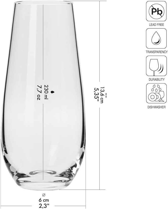 Krosno Champagne & Drink Glasses from the Harmony Collection | Set of 6 | 7.8 oz | Crystal Clear | For Home, Restaurant & Parties | Dishwasher Safe | Lead-Free Crystal Glass