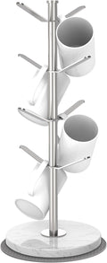 Marble Mug Holder Tree with 8 Hooks, Stainless Steel Coffee Cup Holder, Non-Slip Silicone Pads, Heavy Duty Marble Base, Countertop Organizer for Kitchen & Cafe, Silver