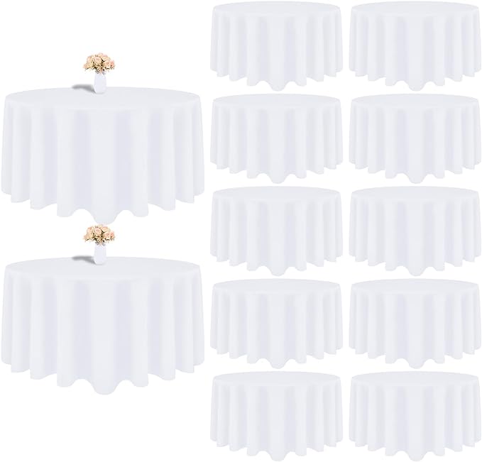 12 Pack White Round Tablecloth 108 Inch White Table Cloth Stain and Wrinkle Resistant Round White Tablecloths Reusable and Washable Polyester Fabric Table Covers for Buffet Wedding Party and Banquet