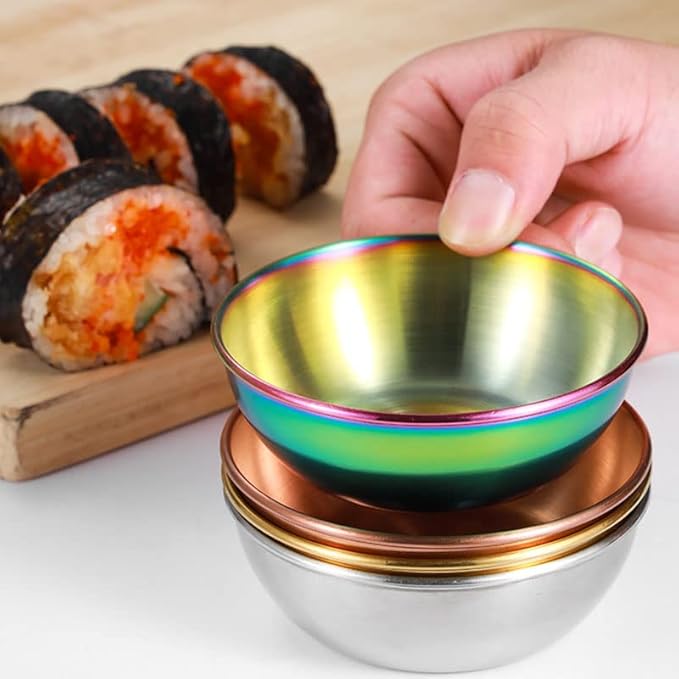 12 Pack Stainless Steel Sauce Dishes, Rainbow Mini Saucers Bowl Round Seasoning Dishes Sushi Dipping Bowl Appetizer Plates, 3.15inch