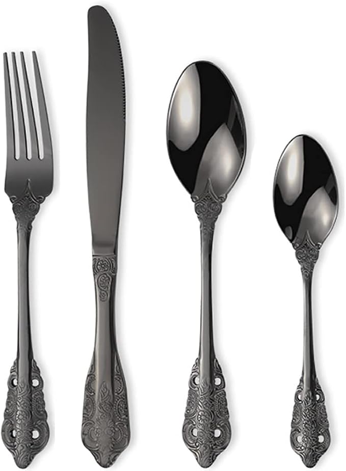 Vintage Black Silverware Flatware Set for 6, European Classic Style 24 Pieces Stainless Steel Tableware Cutlery Set,Fine Kitchen Utensils for Wedding Restaurant Hotel Christmas