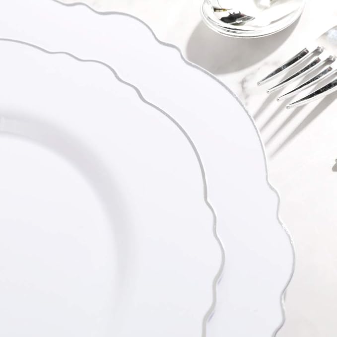 WDF 60pcs Silver Plastic Plates-Baroque White &Silver Plates for Upscale Parties &Wedding-including 30Plastic Dinner Plate 10.25inch, 30 Salad Plate 7.5inch for Valentine's Day