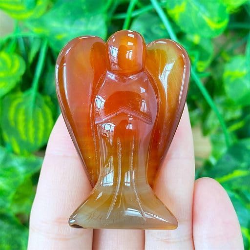 YATOJUZI 2" Red Carnelian Angel Decors Natural Healing Crystals Polished Carved Gemstones Stones Hand Guardian Cute Sculpture Statue Reiki Energy Figurines Home Room Office Desk Decor Gifts for Women