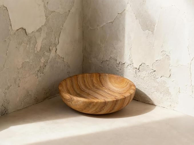 Handmade Travertine Bowl Unique Pattern Natural Stone Centerpiece Bowl, 7.8" Decorative Key & Fruit Bowl for Bohemian Home Decor Kitchen Counter Entryway & Office Jewelry Holder, Art Object
