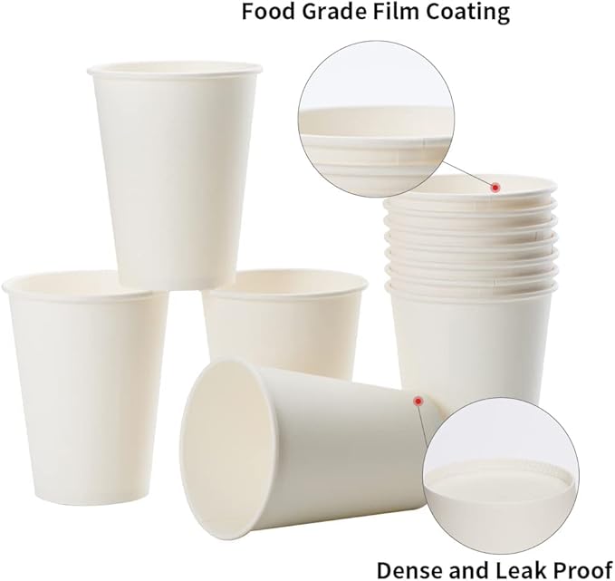 RACETOP Disposable Paper Coffee Cups 12 oz [100 Pack],12 oz White Hot Coffee Paper Cups, Thickened Paper Style