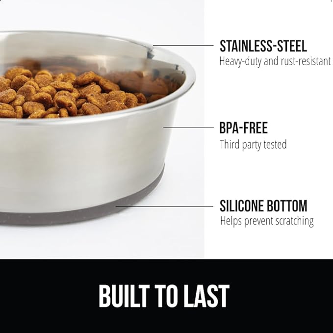 GORILLA GRIP Dog Bowl, Holds 8 Cups (64 fl oz), Heavy Duty Metal Food and Water Bowl for Feeding Dogs and Cats, Easy Clean, Dishwasher Safe, Rust Resistant Stainless Steel, BPA Free Rubber Base, Gray