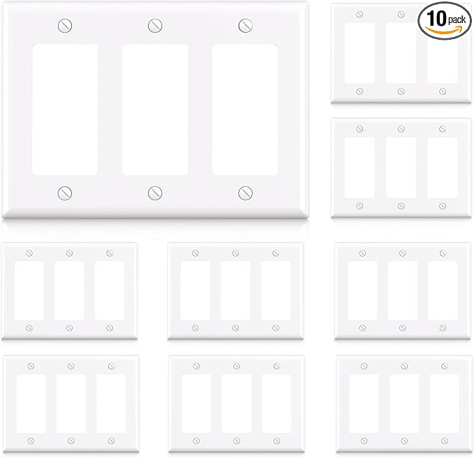 ELEGRP 3-Gang Decorative Wall Plates, Standard Size 4.53" H x 6.39" L Unbreakable Thermoplastic Faceplate Cover for Decorator Receptacle Outlet Switch, UL Listed (10 Pack, Glossy White)