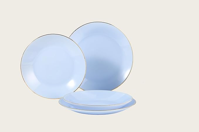 9-Inch Glass Dinner Plates Set of 6 – Elegant Blue with Gold Trim and Non-Slip Base, Handcrafted for Family Dining, Entertaining, or Gifts