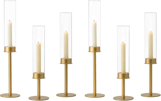 Hewory Gold Candle Holders - 6Pcs Brass Hurricane Candlestick Holders with Glass Candle Cover for Wedding Table Centerpiece Christmas Decor