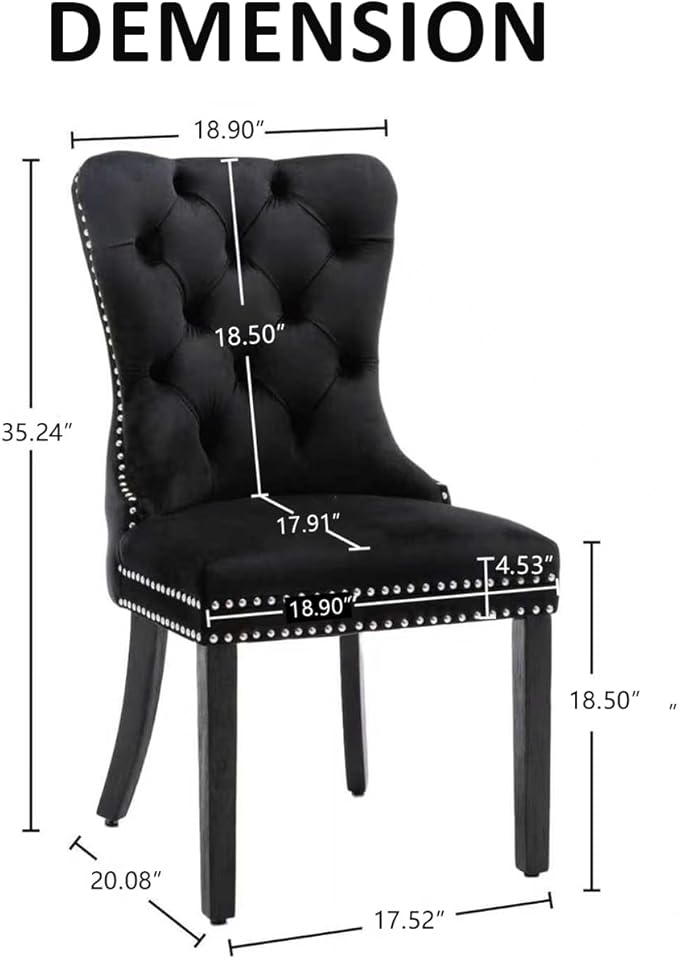 KCC Velvet Dining Chairs Set of 2, Upholstered High-end Tufted Dining Room Chair with Nailhead Back Ring Pull Trim Solid Wood Legs, Nikki Collection Modern Style for Kitchen, Black