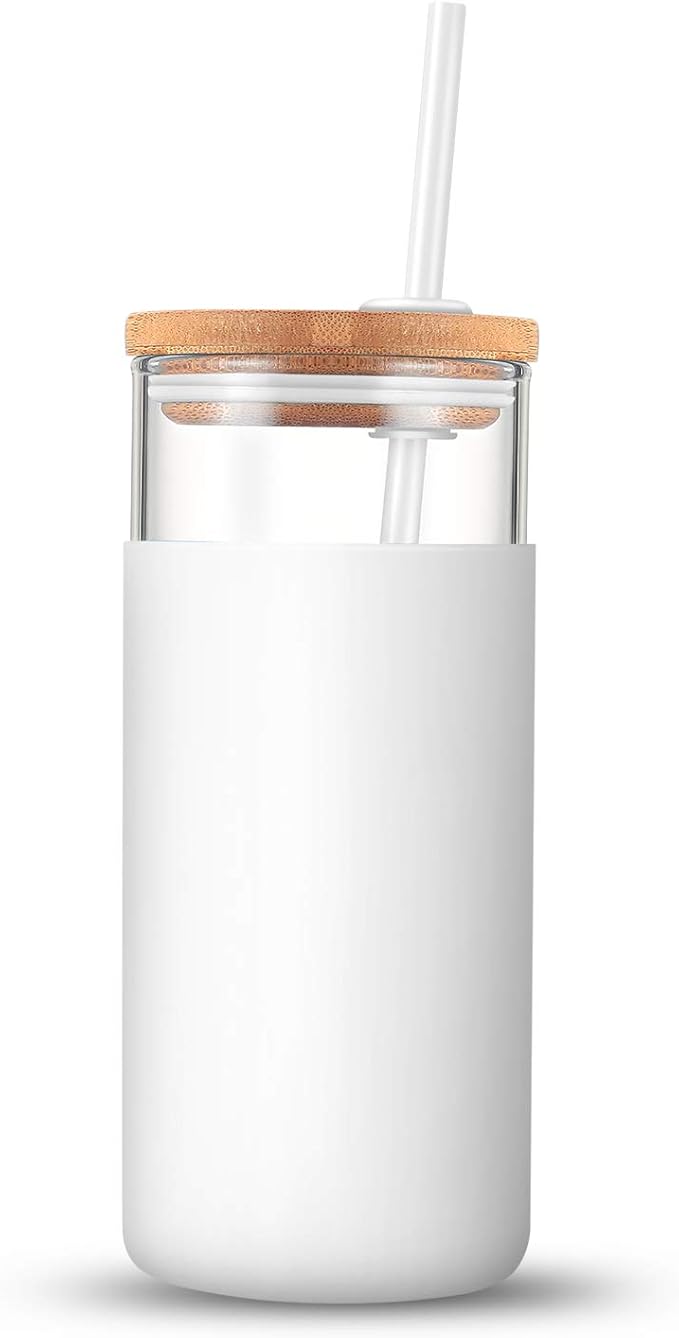 Tronco 20 oz Glass Tumbler with Lid and Straw, Iced Coffee Cup and Smoothie Cup with Bamboo Lids & Protective Silicone Sleeve, Dishwasher Safe, BPA-Free, Glass Cup 2 Pack