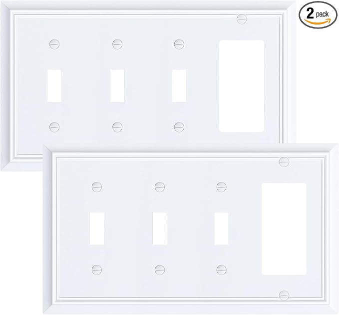 2-Pack Combo Triple Toggle/Decorator Outlet Cover Plate, Pure White Decorative Switch Plates and Outlet Covers, Durable Natural Bamboo Fiber Wall Plates for Electrical Outlet, Receptacle, GFCI Outlet