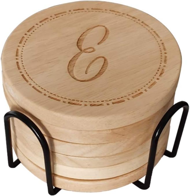 Personalized Wooden Coasters for Drinks - Custom Engraved, Monogram, Great Gifts for Relatives, Friends or Yourself (E, Set of 6)