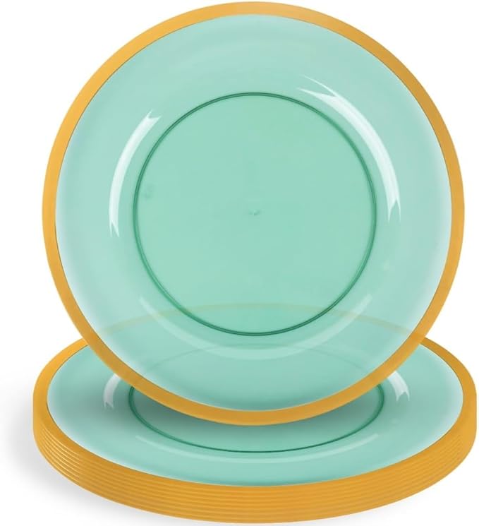 PARTY BARGAINS 13-Inch Charger Plates - 8 Pack, Transparent Green Gold Rim, Heavy-Duty Disposable Chargers for Elegant Dining - Ideal for Weddings and Formal Events