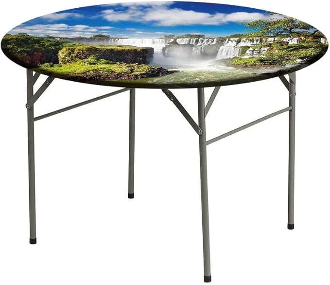 Elastic Tablecloth, Landscape Decorative Fabric Table Cover for, Majestic Waterfall River Argentinean Falls Natural, Fit Round Tables 35inch Diameter, Buffet Table/Parties/Holiday Dinner, Multi