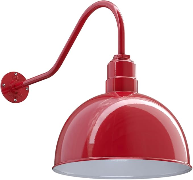 Steel Lighting Co. Hollywood Bowl Light | Outdoor Wall Mounted | 15 inch Bowl Dome | 23 inch Gooseneck | Barn Light Made in America | Red Exterior/White Interior