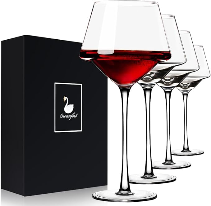 Red Wine Glasses Set of 4, 15oz Elegant Long Stem Wine Glasses in Gift Box, Premium Glassware for Wedding, Anniversary, Birthday Gifts