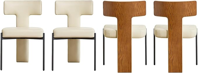 Beige Dining Chairs Set of 4,Faux Leather Dining Chairs with Soft Cushion,Comfortable Upholstered Armless Dining Room Chairs with Curved Plywood Back