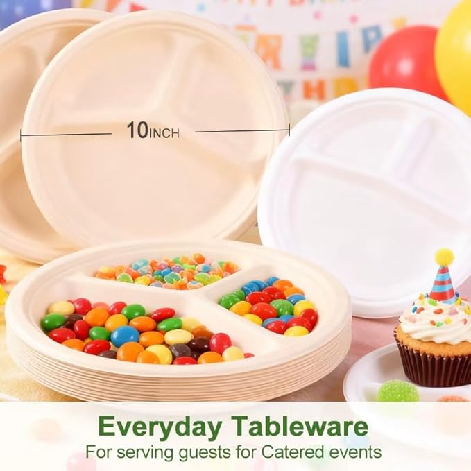 Disposable Plates, 10 Inch,100pack,3 Compartment, Biodegradable, bagasse,sugarcane,Natural Color, Round Shape,100 Count