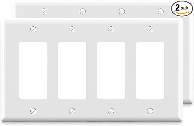 ELEGRP 4-Gang Decorative Wall Plates, Standard Size Unbreakable Thermoplastic Faceplate Cover for Decorator Receptacle Outlet Switch, UL Listed (2 Pack, Glossy White)