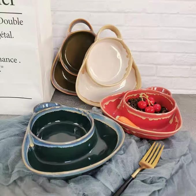 Soup and Side Bowl Plate Ceramic, Chip and Dip Divided Bowls, Anti-Soggy Cereal Bowl Bread Dipping Bowls Plates for Salad Breakfast, and Sandwich Ideal for Home and Restaurant (Apricot + blue)