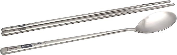 SUPIA Korean Traditional Cutlery Stainless Steel Spoons and Chopsticks Set Tableware with Long-hand, Reusable (Silver Fish)