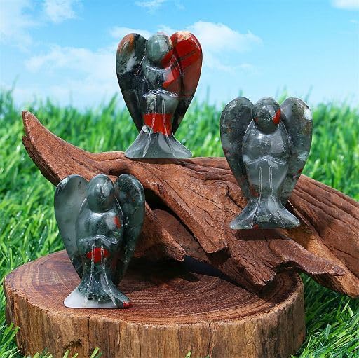 YATOJUZI 2" African Bloodstone Angel Decor Crystals Polished Natural Stone Sculpture Statue Home Room Office Desk Decoration Guardian Hand Carved Cute Figurines Energy Reiki Gifts for Women Men
