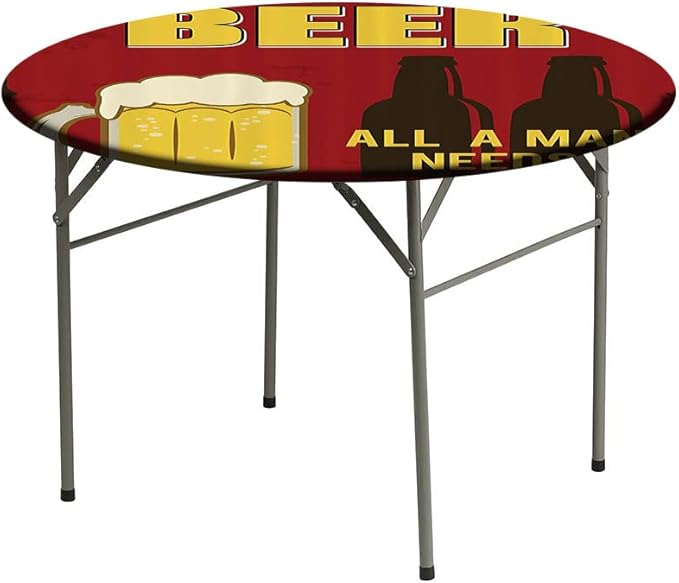 Small Round Tablecloth, Manly Decor Washable Polyester Table Cloth for, Beer Mug and Two Bottles with Quotes Beer All, Fit Round Tables 44inch Diameter, for Holiday Dining Table, Dinner, Party