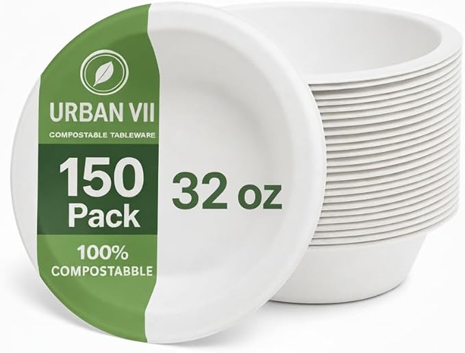 32 oz Compostable Paper Bowls [150-Pack] – Heavy-Duty & Leak-Resistant Disposable Bowls, Natural Sugarcane Bagasse Fiber, Microwave-Safe, Eco-Friendly for Parties, Catering & Everyday
